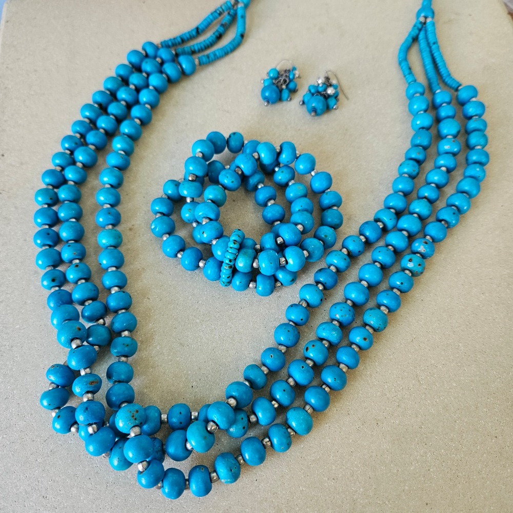 Chicos Faux Turquoise Blue Beaded Jewelry Set Necklace Bracelet Earrings